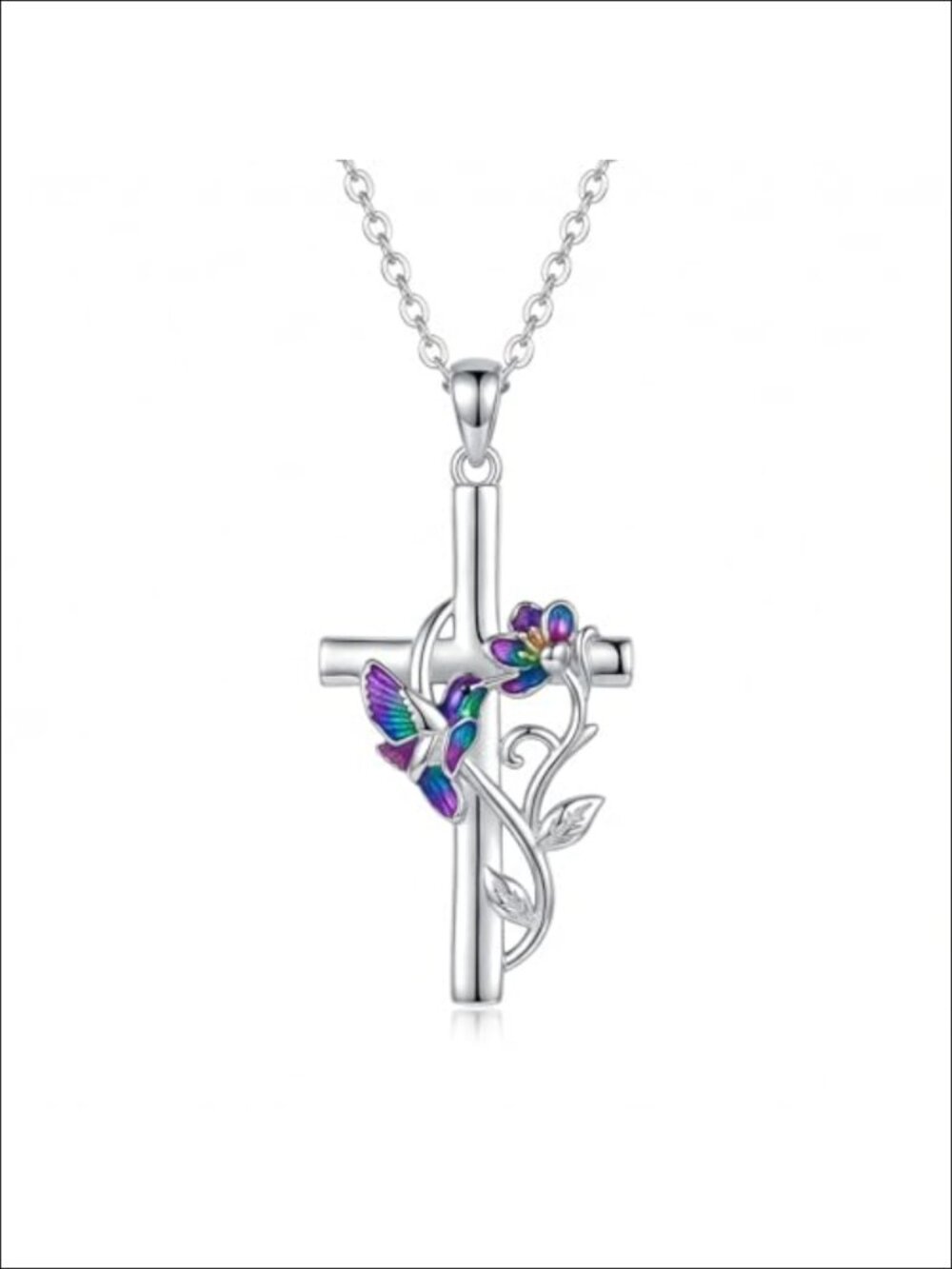 Sterling Silver Hummingbird Cross Necklace 18+2 Inch Pendant